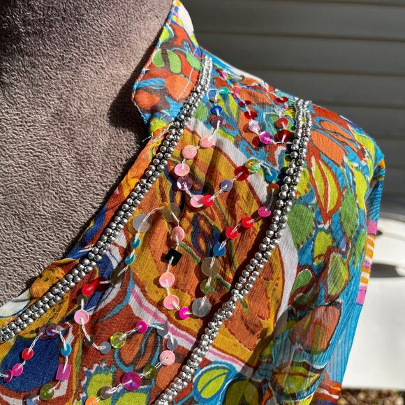 Boho Sequence Swimsuit Cover UP Floral Multi Colored Resort Wear Vacation Sz M - Picture 3 of 5